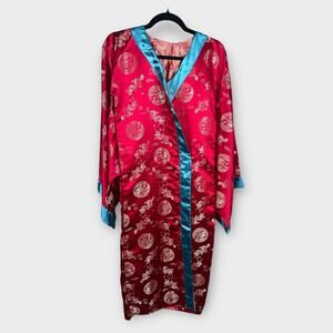 Costume Express Japanese Kimono Red Gold & Blue‎ Silky Robe Women's Size Small